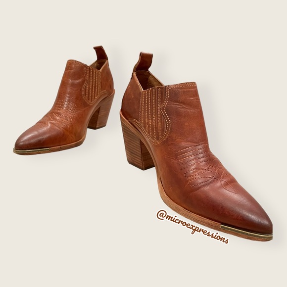 Frye Faye Shootie Cognac Leather Western Southern Embroidered Cowboy Heel Bootie - Picture 2 of 11